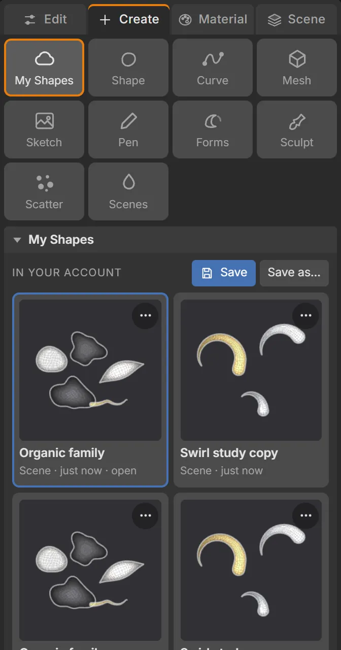 My Shapes library in the web bench