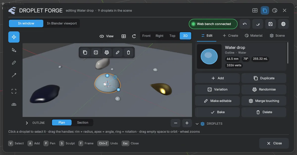 The Droplet Forge window in Blender