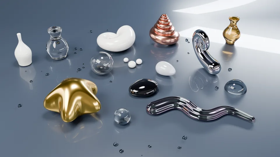 Inflate, pebble, bubble, tube, paint, shell and vessel forms made with Droplet Forge, rendered in Cycles